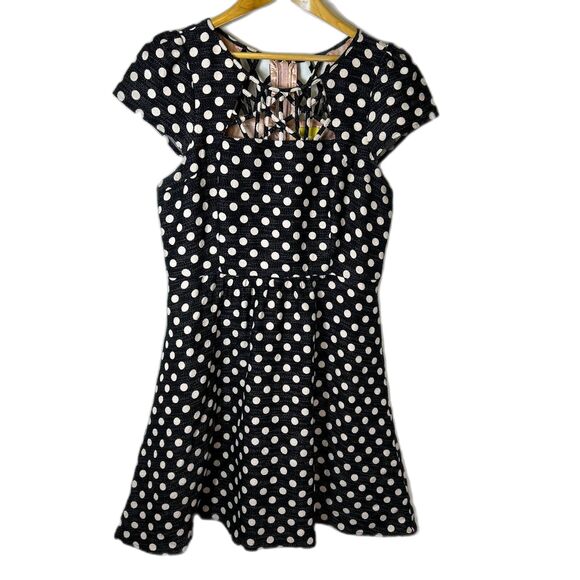 Anthropologie Maeve Nikola Black Cream Dot Print Lattice Neck SS Dress Size 12 - Picture 4 of 16